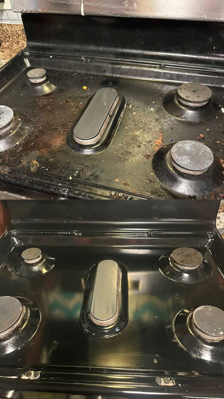 The gleaming black gas stove