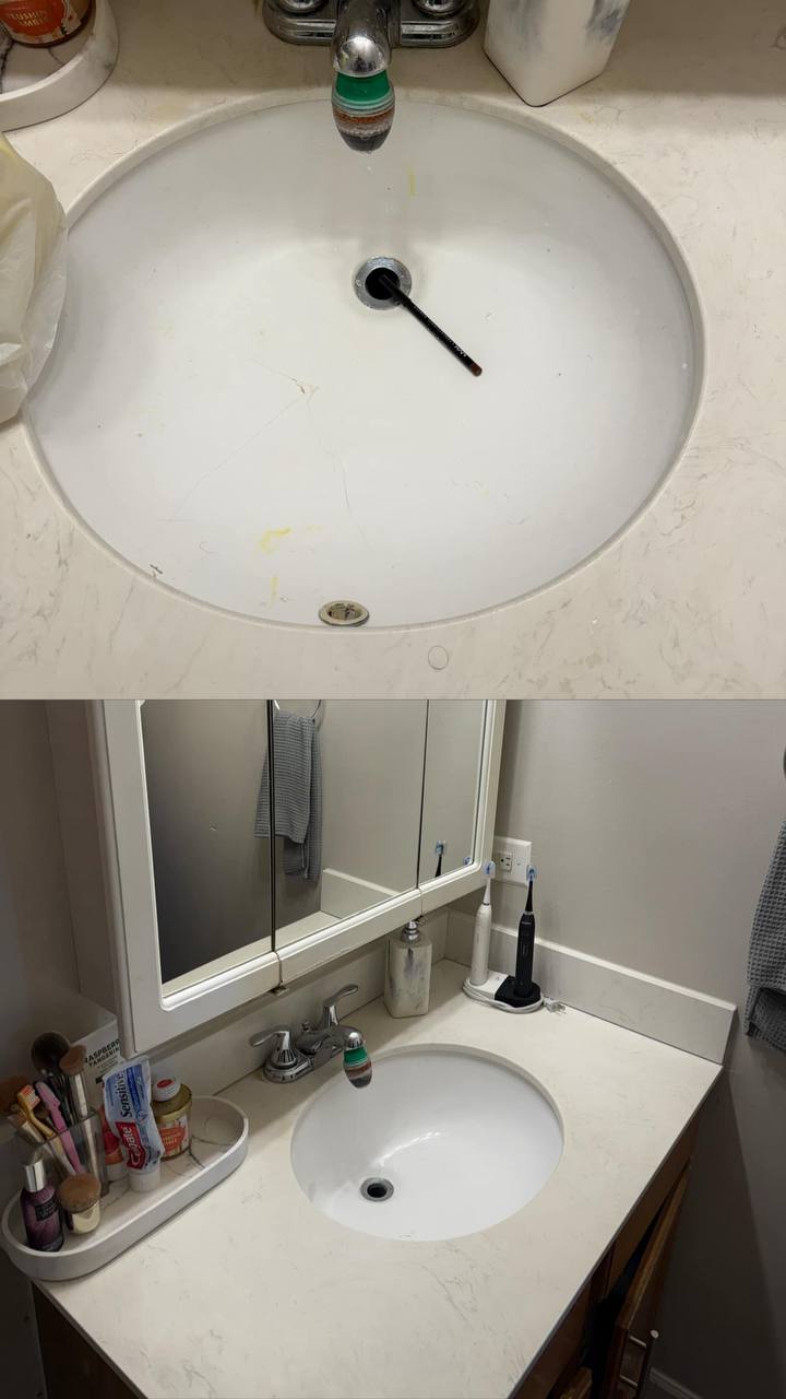 The sparkling white bathroom counter